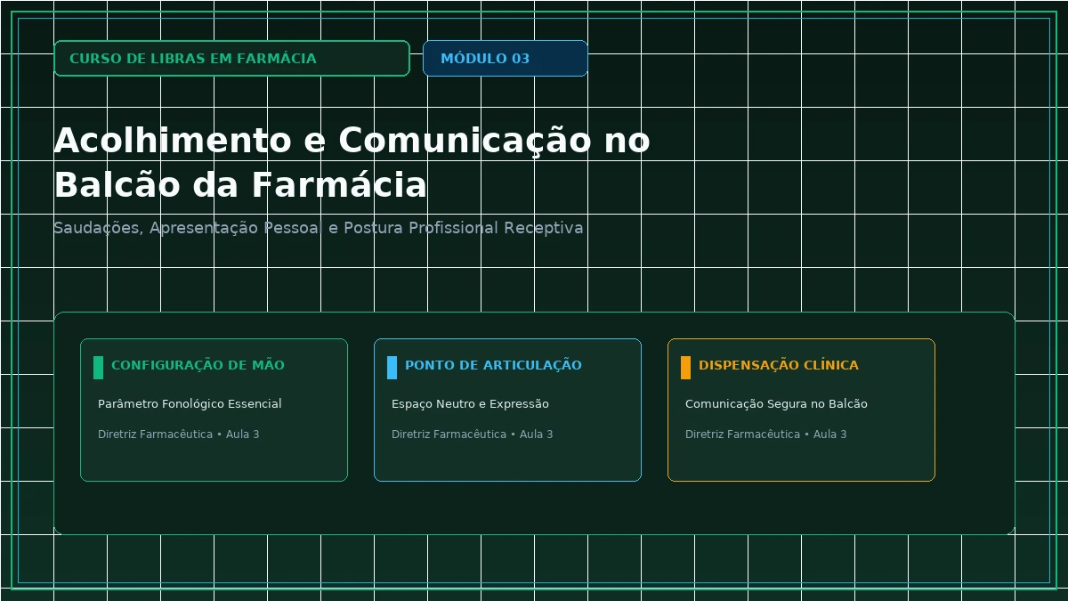 Capa: Curso de Libras em Farmácia — Aula 032: Apresentação Profissional do Estudante: Nome, Estágio e Formação em Farmácia